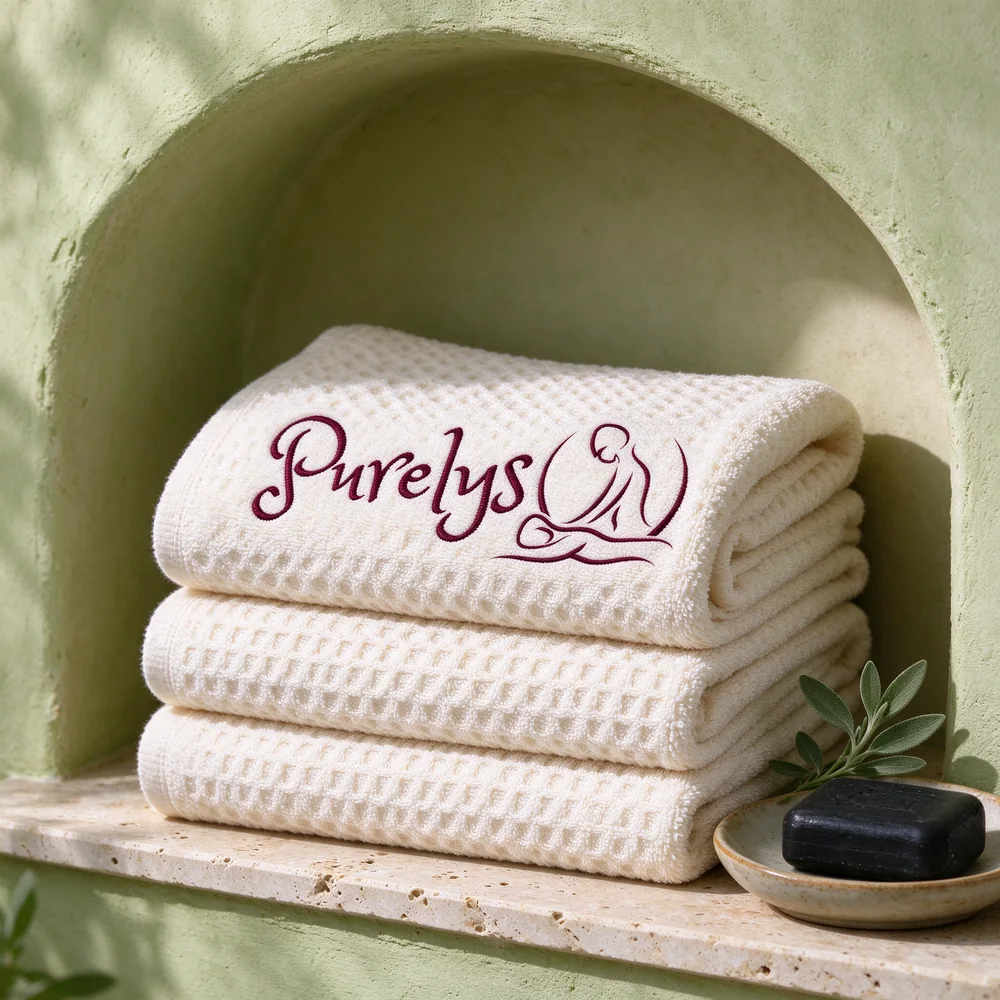 Serviettes ivoire brodées du logo Purelys dans une niche vert sauge