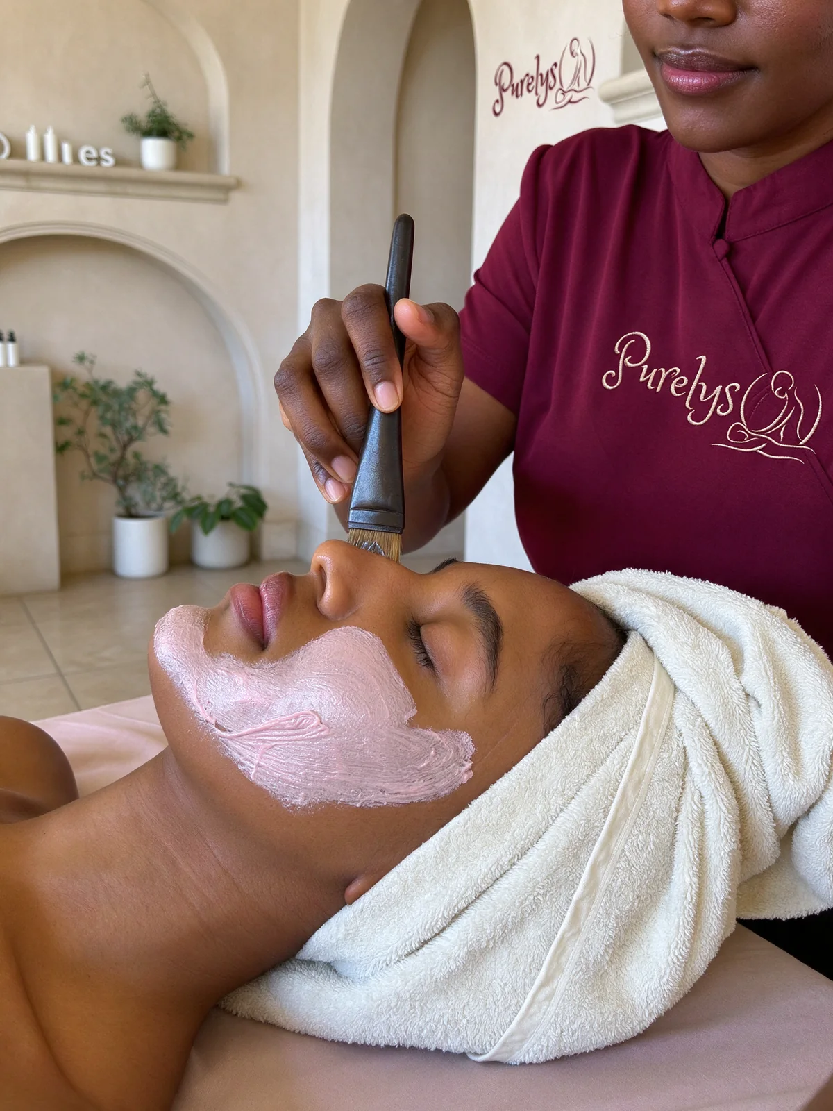 Soin du visage au masque rose chez Purelys, praticienne en tunique brodée